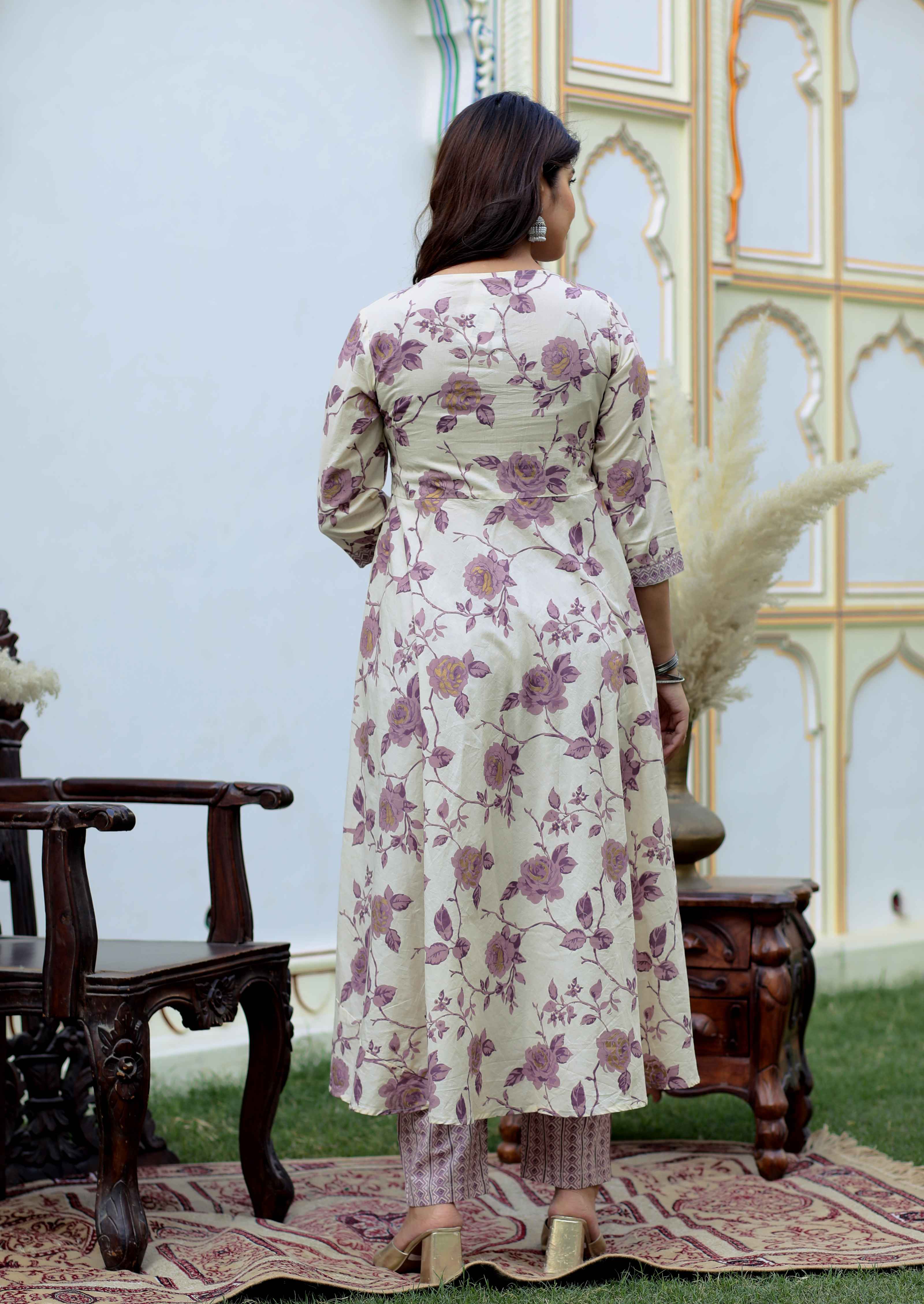 Pink Floral Cotton Anarkali Kurta with Palazzo & Dupatta Set